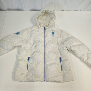 U.S. Polo Assn. Cream Puffer Jacket Women's XL Winter Coat Blue Logo Zip Pockets